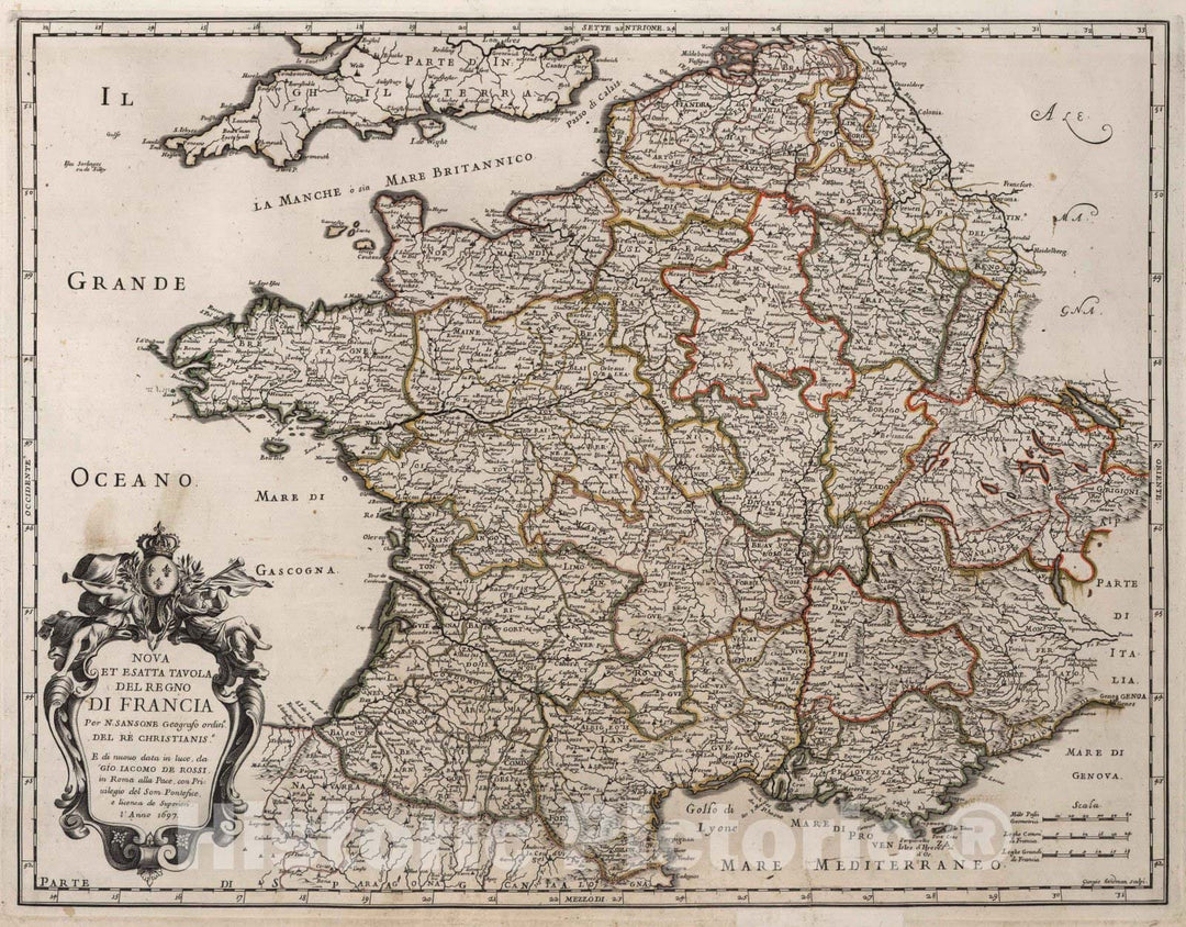 Historic Map : France, , EuropeNova et esatta tavola del regno di Francia 1697 , Vintage Wall Art