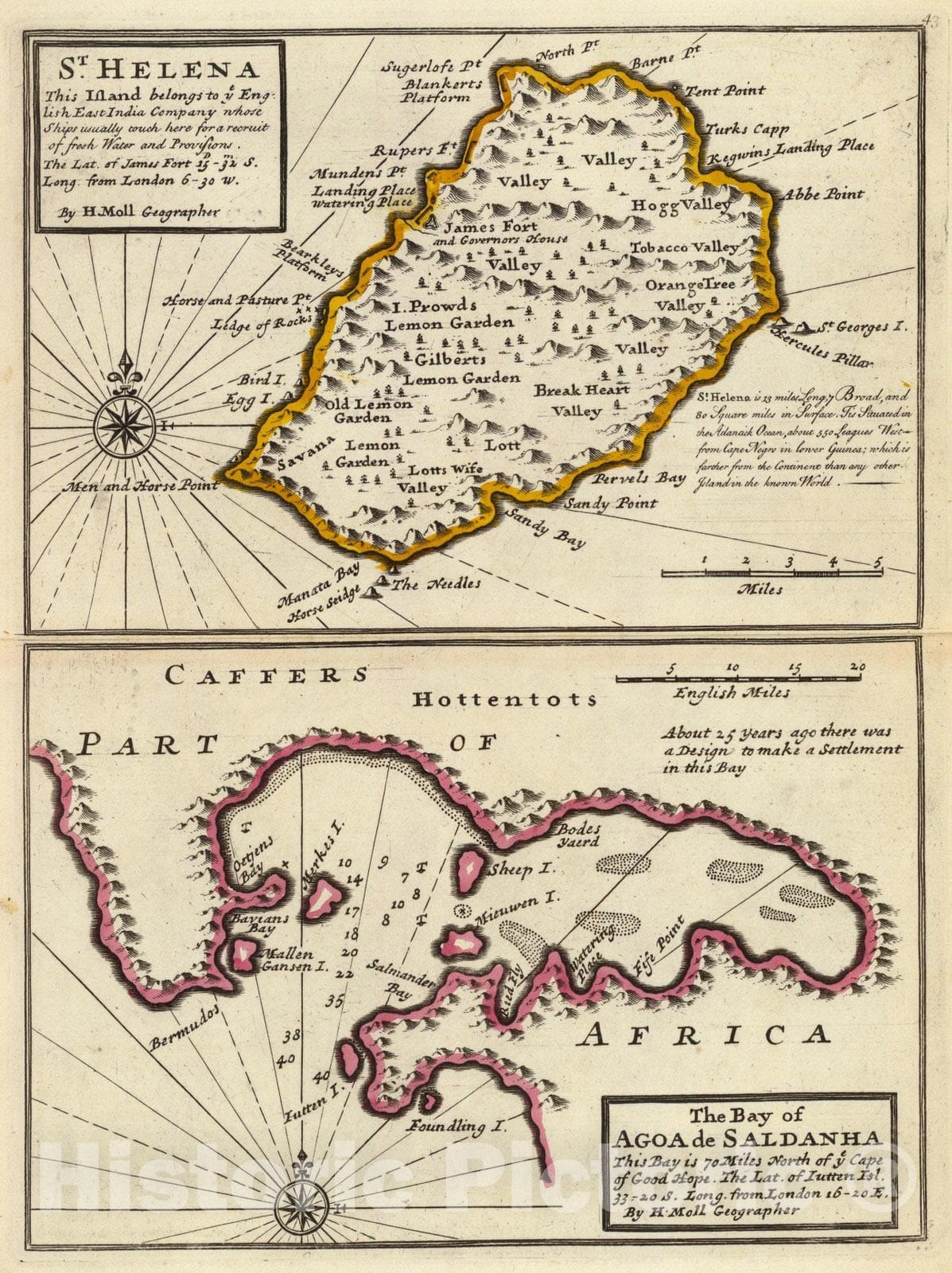 Historic Map : South Africa, Saint HelenaSt. Helena; Bay of Agoa de Saldanha. 1736 , Vintage Wall Art