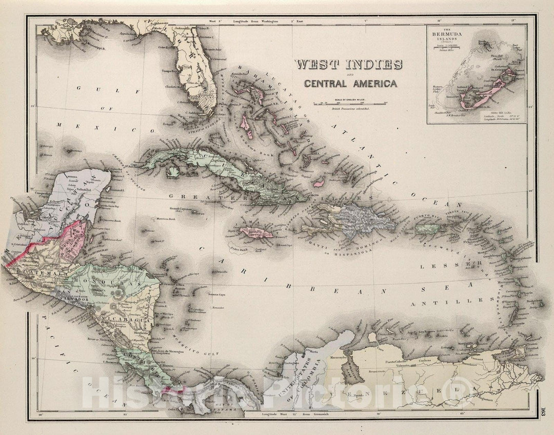 Historic Map : West Indies and Central America. 1884 - Vintage Wall Art