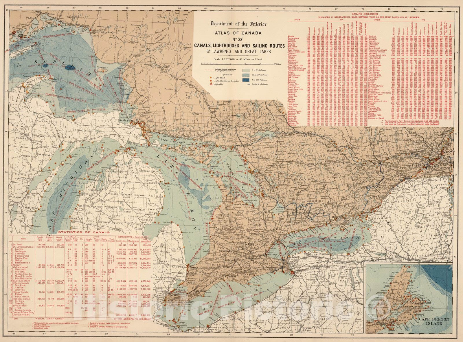 Historic Map : No. 22, Canals, lighthouses and sailing routes : St. Lawrence and Great Lakes 1906 - Vintage Wall Art