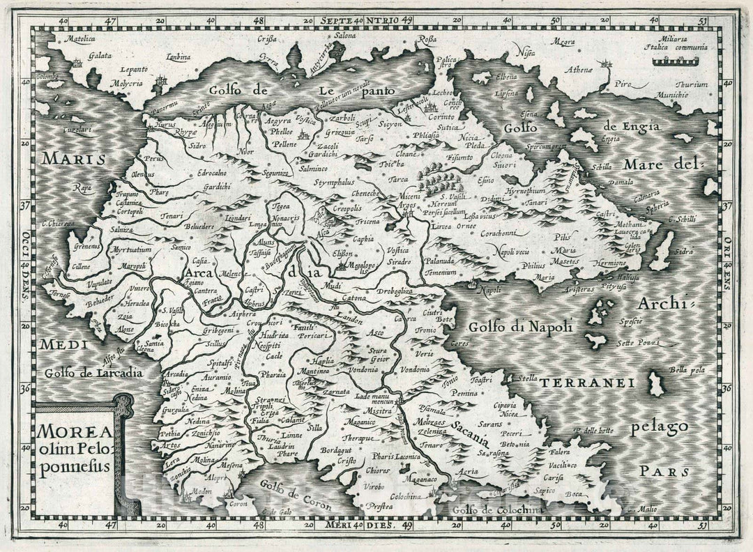 Historic Map : Greece,Morea olim Peloponnesus 1636 , Vintage Wall Art