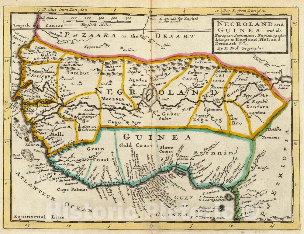 Historic Map - Atlas Map, Negroland and Guinea. 1736, - Vintage Wall Art