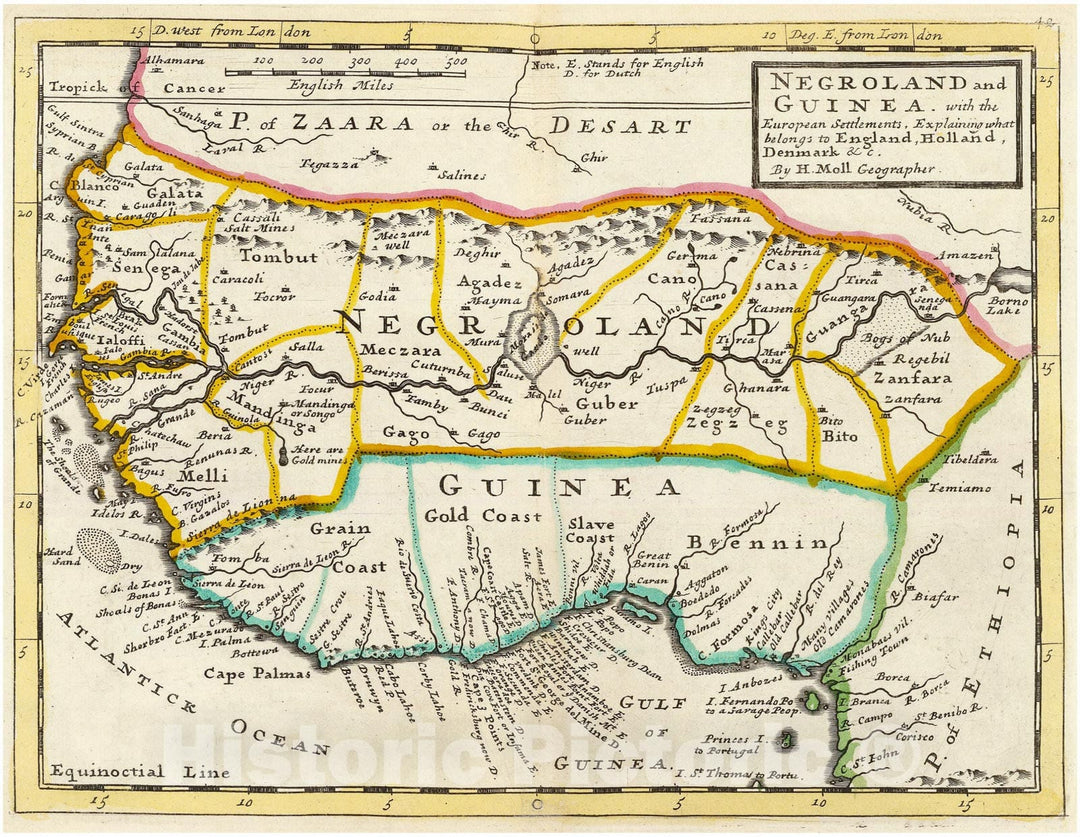 Historic Map - Atlas Map, Negroland and Guinea. 1736, - Vintage Wall Art