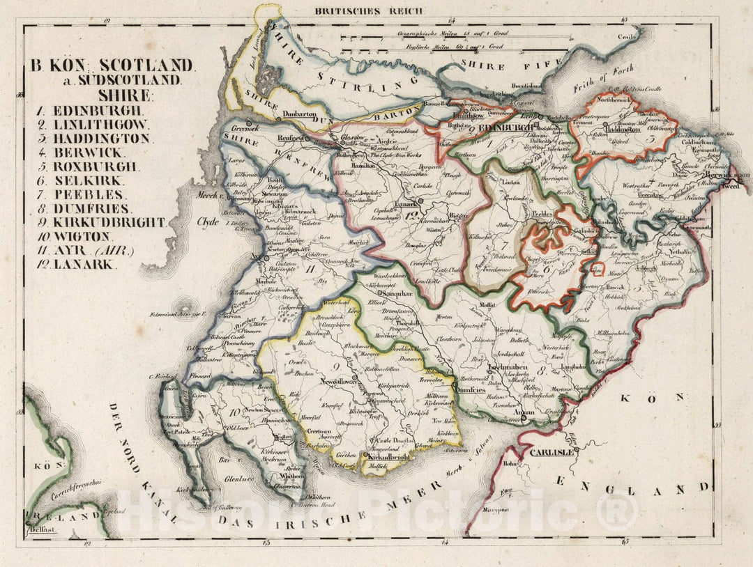 Historic Map : Scotland, V.3:11-15:XV. Britisches Reich. B. Kon: Scotland. a. Sudscotland. Shire: 1-12 1830 , Vintage Wall Art