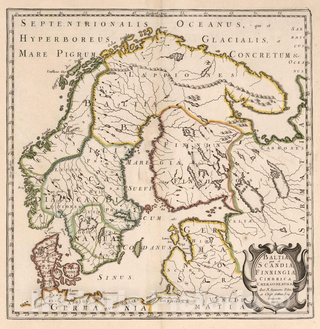 Historic Wall Map : World Atlas Map, Scandinavia and Finland. 1703 - Vintage Wall Art