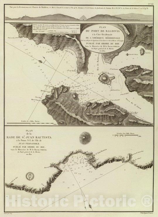 Historic Map : Chile, Juan Fernandez Islands Chart Map, Baldivia, Sn. Juan Bautista, Rade de. 1821 , Vintage Wall Art