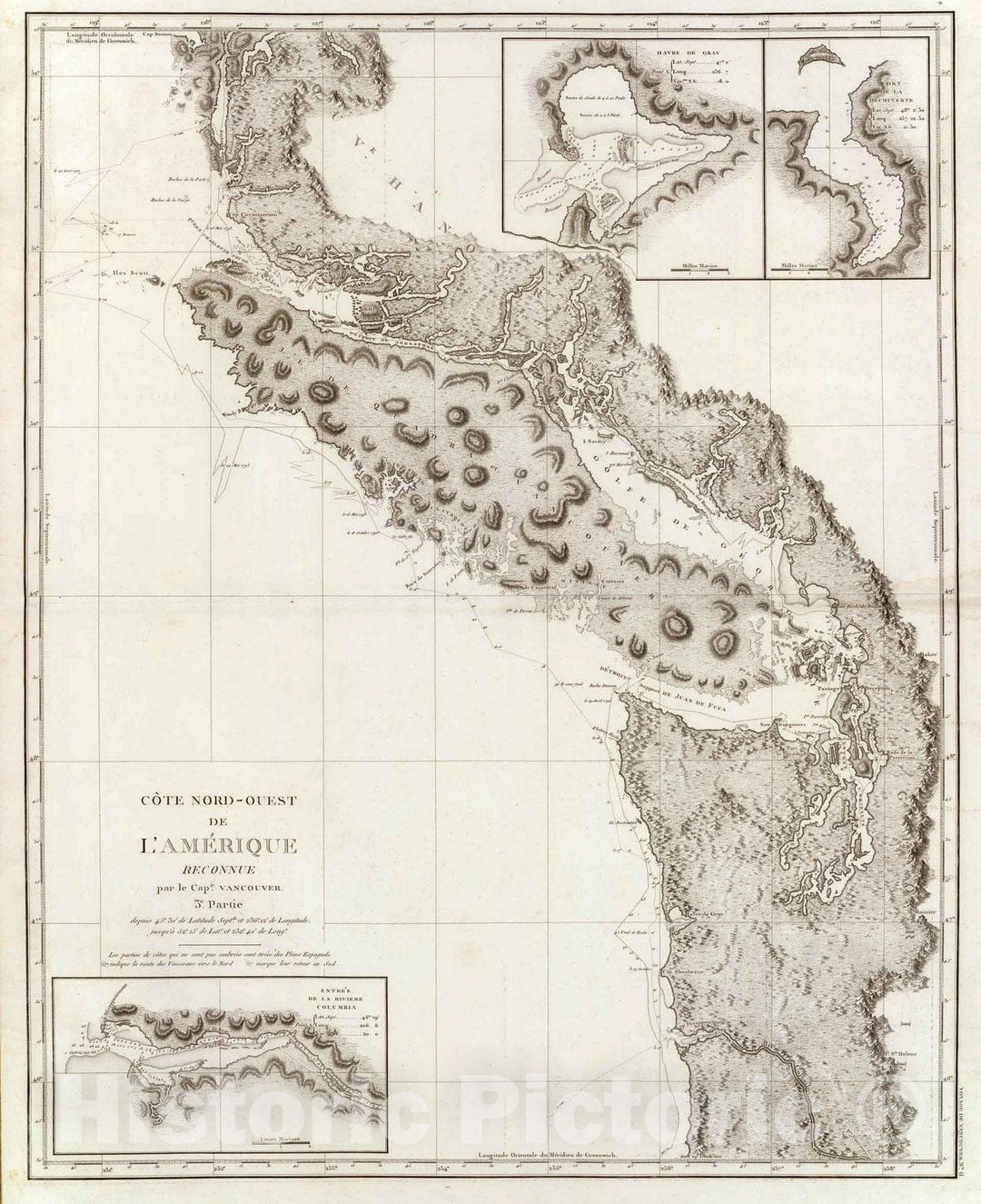 Historic Map : British Columbia, Chart Map, Cote NO, l'Amerique 3. 1828 , Vintage Wall Art