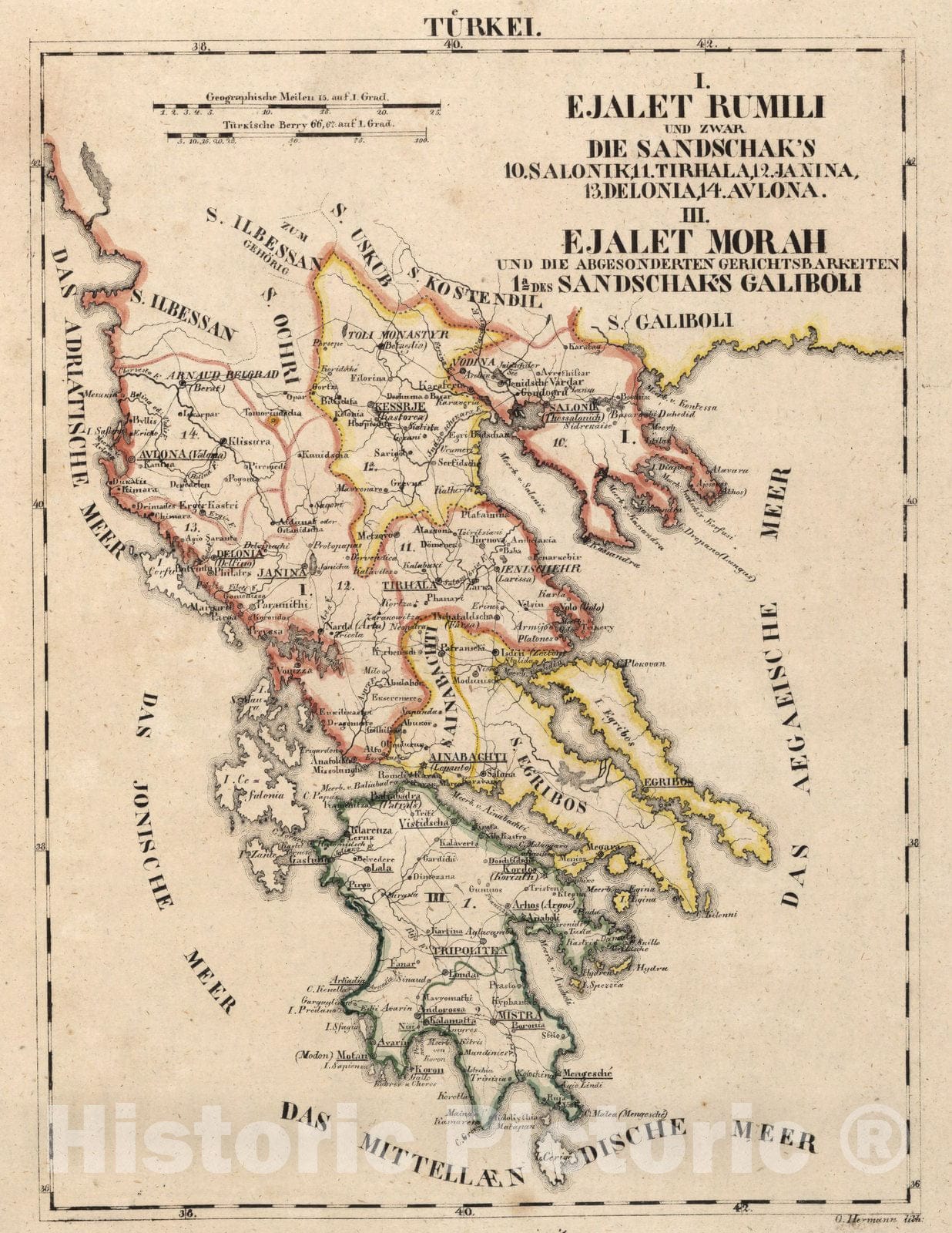 Historic Map : Turkey, Ottoman Empire V.1:1-5: II: Turkei. I. Ejalet Rumili III. Ejalet Morah 1825 , Vintage Wall Art