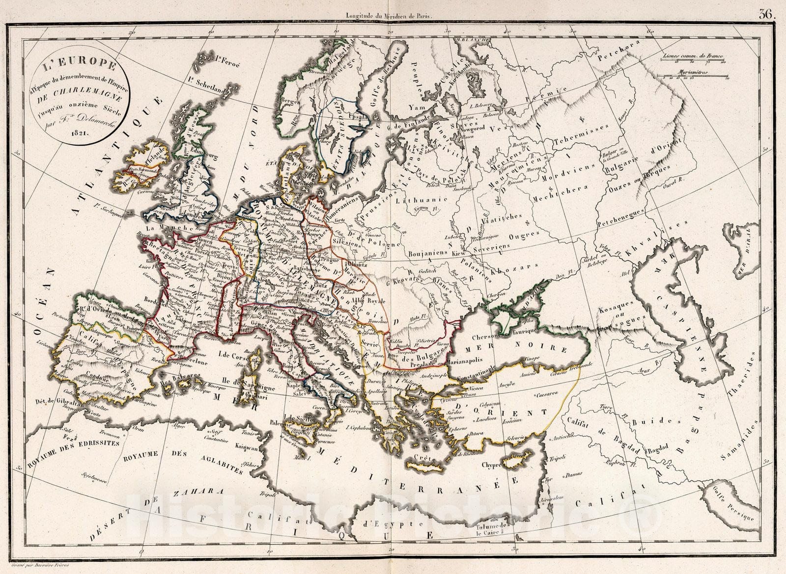 Historic Map : World Atlas Map, L'Europe a l'Epoque du demembrement de l'Empire de Charlemagne 1821. 1826 - Vintage Wall Art