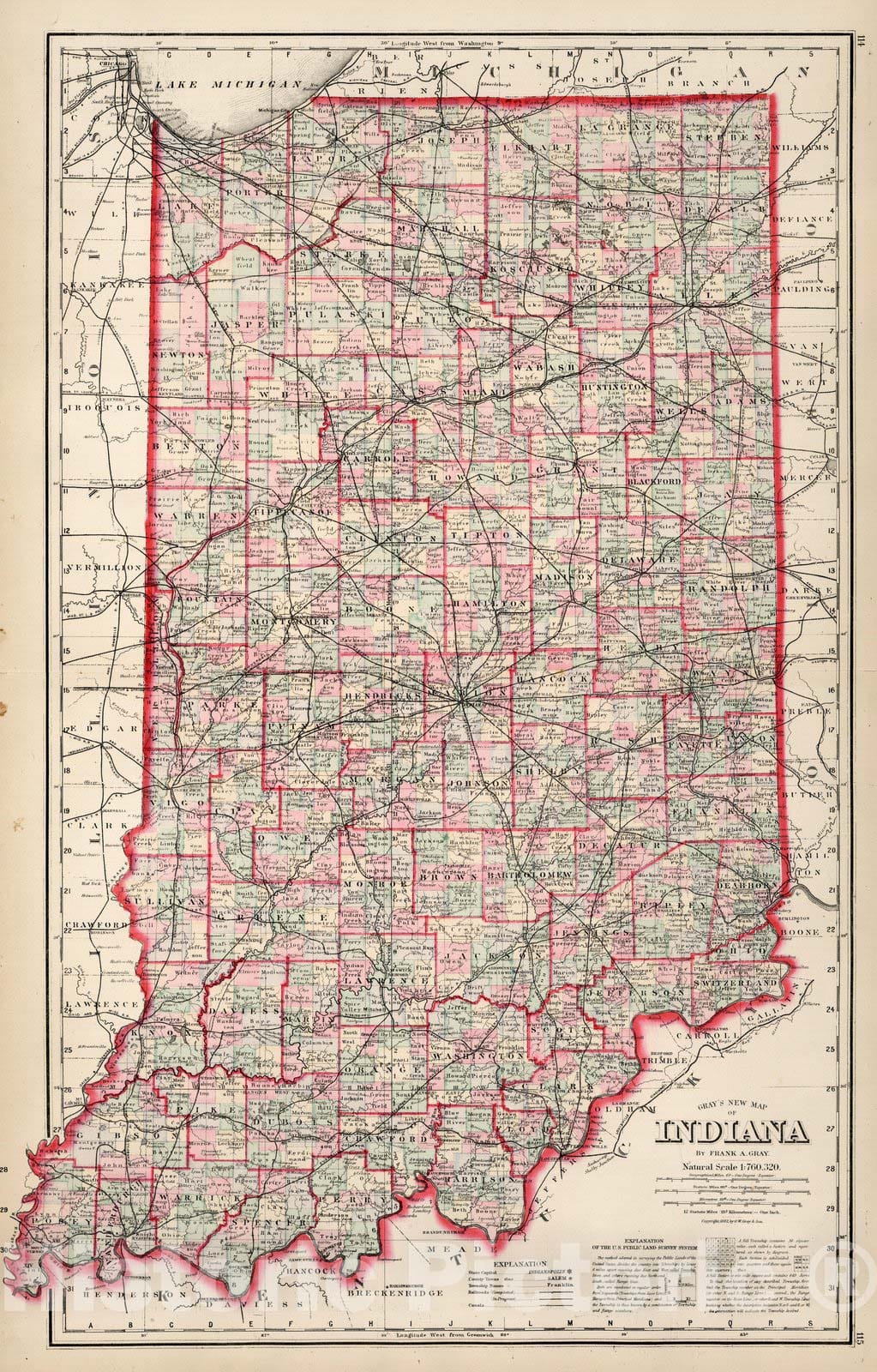 Historic Map : Indiana. 1882 - Vintage Wall Art