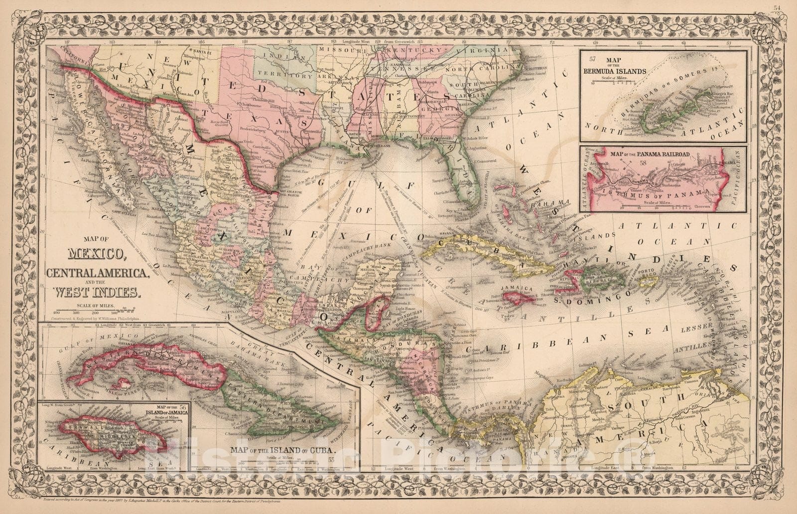 Historic Map : Map of Mexico, Central America, and the West Indies, 1868 - Vintage Wall Art