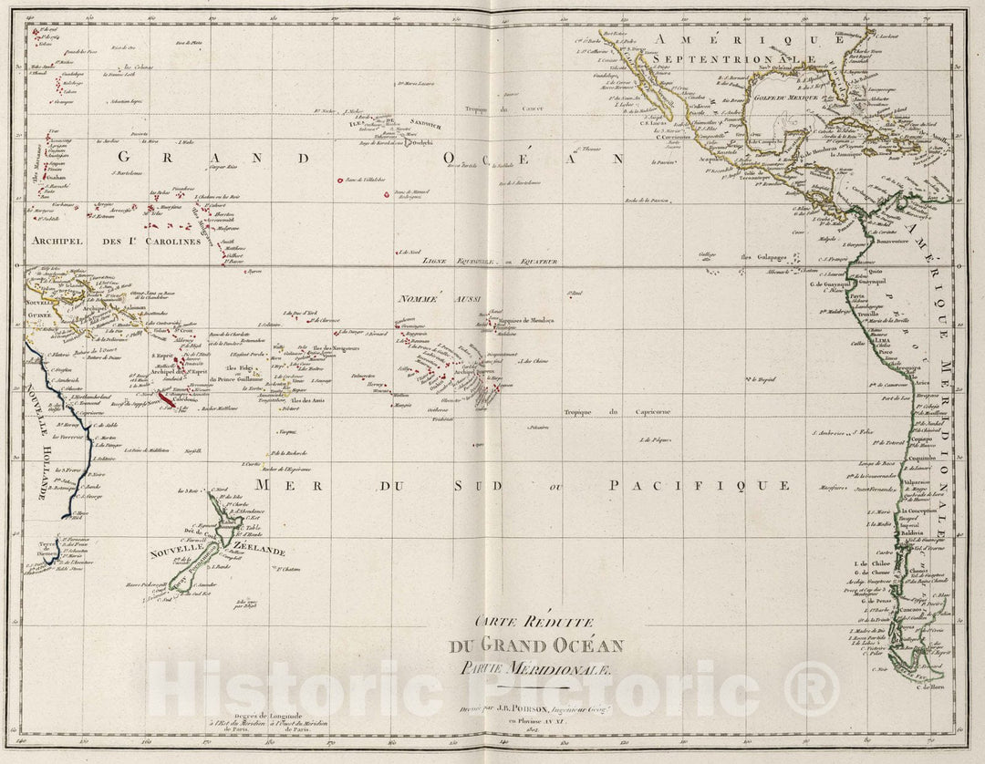 Historic Map : World Atlas Map, XXV. Carte Reduite du Grand Ocean Partie Meridionale. 1804 - Vintage Wall Art