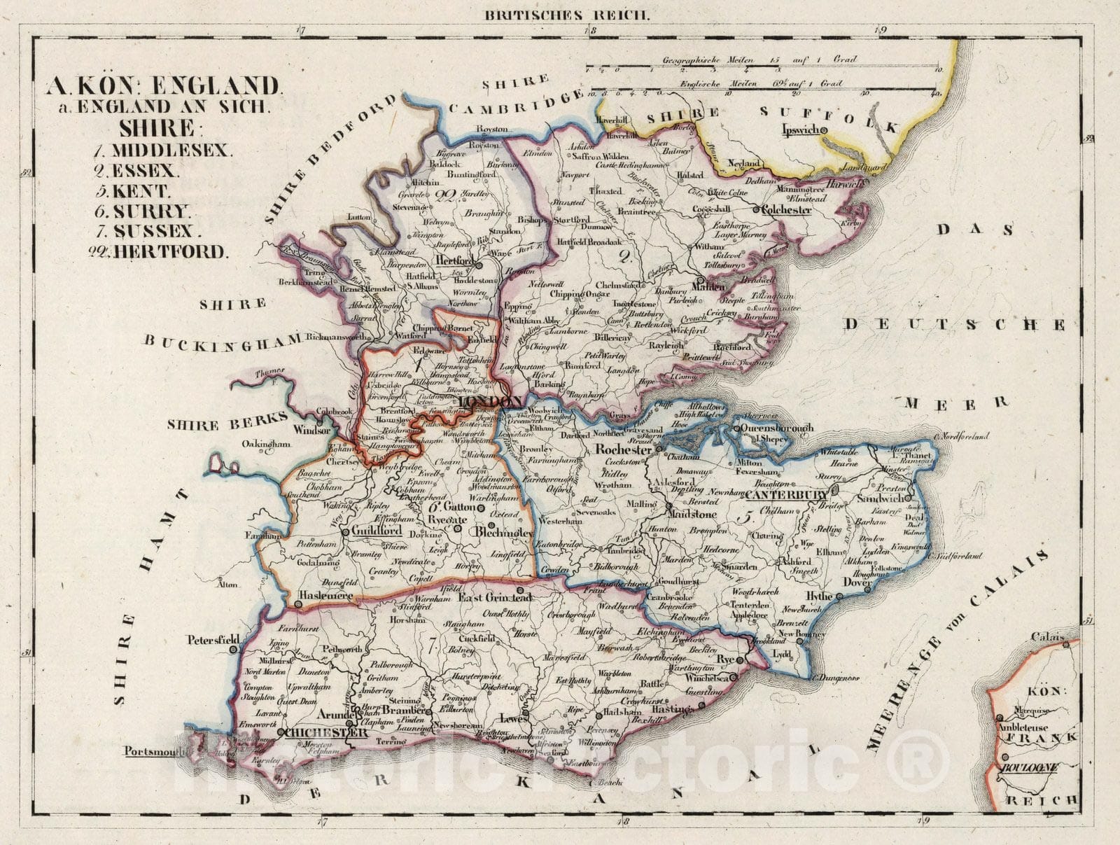 Historic Map : England, V.3:11-15:XV. Britisches Reich. A. Kon: England. a. England ab sich: Shire: 1-2, 5-7, 22 1830 , Vintage Wall Art