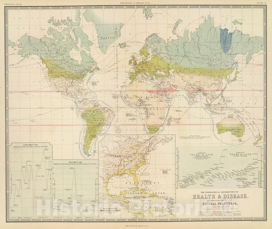 Historic Map : Physical Atlas Map, Health, disease. 1856 - Vintage Wall Art