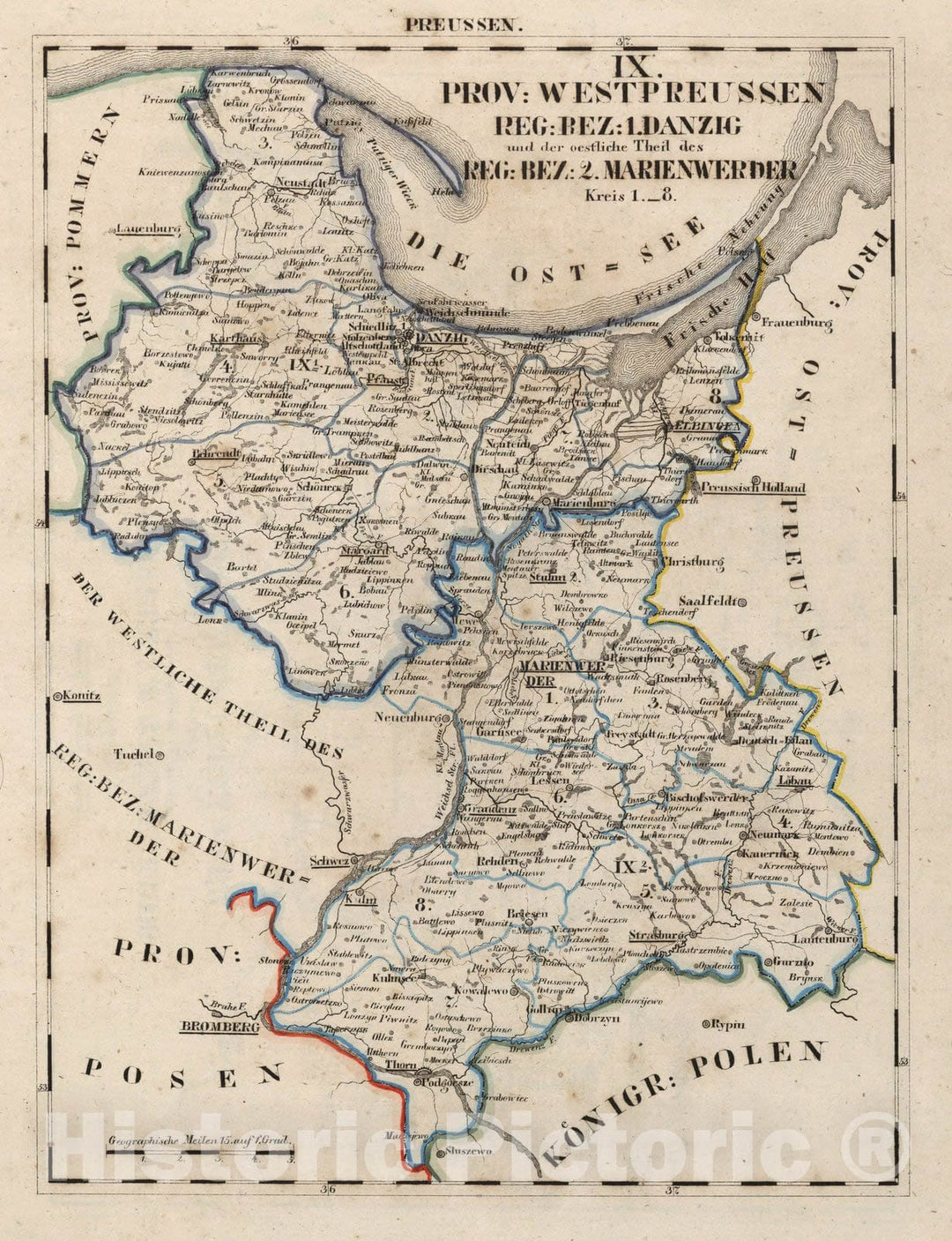 Historic Map : Prussia , Germany, V.2:6-10:X. Preussen. IX. Prov: Westpreussen. Reg: Bez: 1. Danzig. Reg: Bez: 2. Marienwerder. Kreis 1-8 1825 , Vintage Wall Art