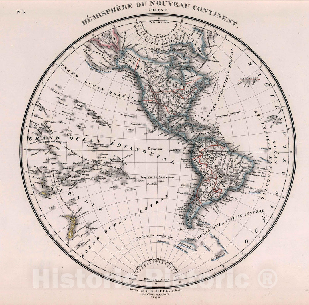 Historic Map : World Atlas Map, 6. Hemisphere du Nouveau Continent (Ouest). 1834 - Vintage Wall Art