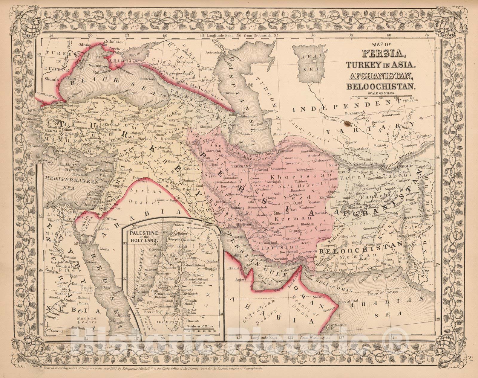 Historic Map - Map of Persia, Turkey in Asia, Afghanistan, Beloochistan, 1863, Samuel Augustus Mitchell Jr. - Vintage Wall Art