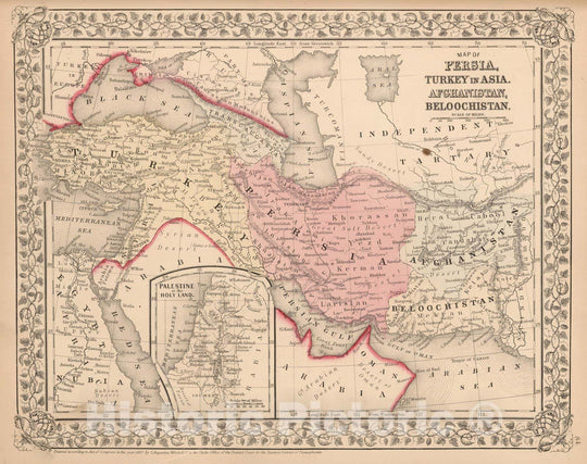 Historic Map - Map of Persia, Turkey in Asia, Afghanistan, Beloochistan, 1863, Samuel Augustus Mitchell Jr. - Vintage Wall Art