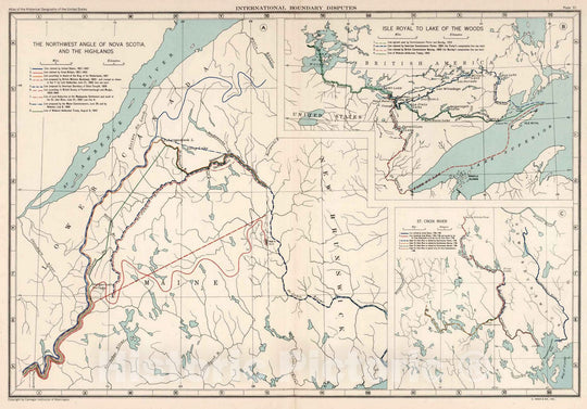 Historic Map : Historical Atlas Map, Plate 91. International Boundary Disputes. Nova Scotia, Isle Royal, St. Croix River. 1932 - Vintage Wall Art