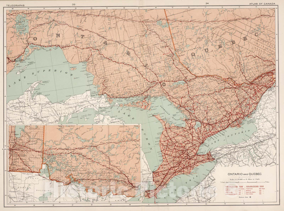 Historic Map : Ontario and Quebec. Telegraphs 1915 - Vintage Wall Art