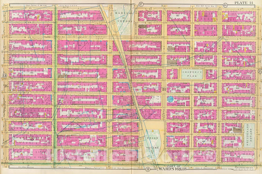 Historic Map : Manhattan Fire Insurance City Atlas Map, Pl. 14: wards 16, 18. 1891 - Vintage Wall Art