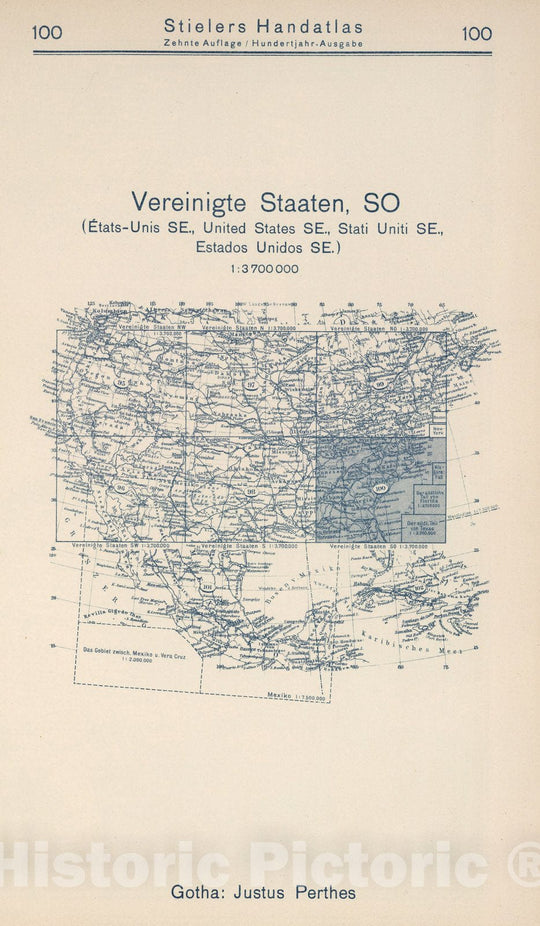 Historic Wall Map : Index Map: 100. Vereinigte Staaten SO. United States SE, 1925 - Vintage Wall Art