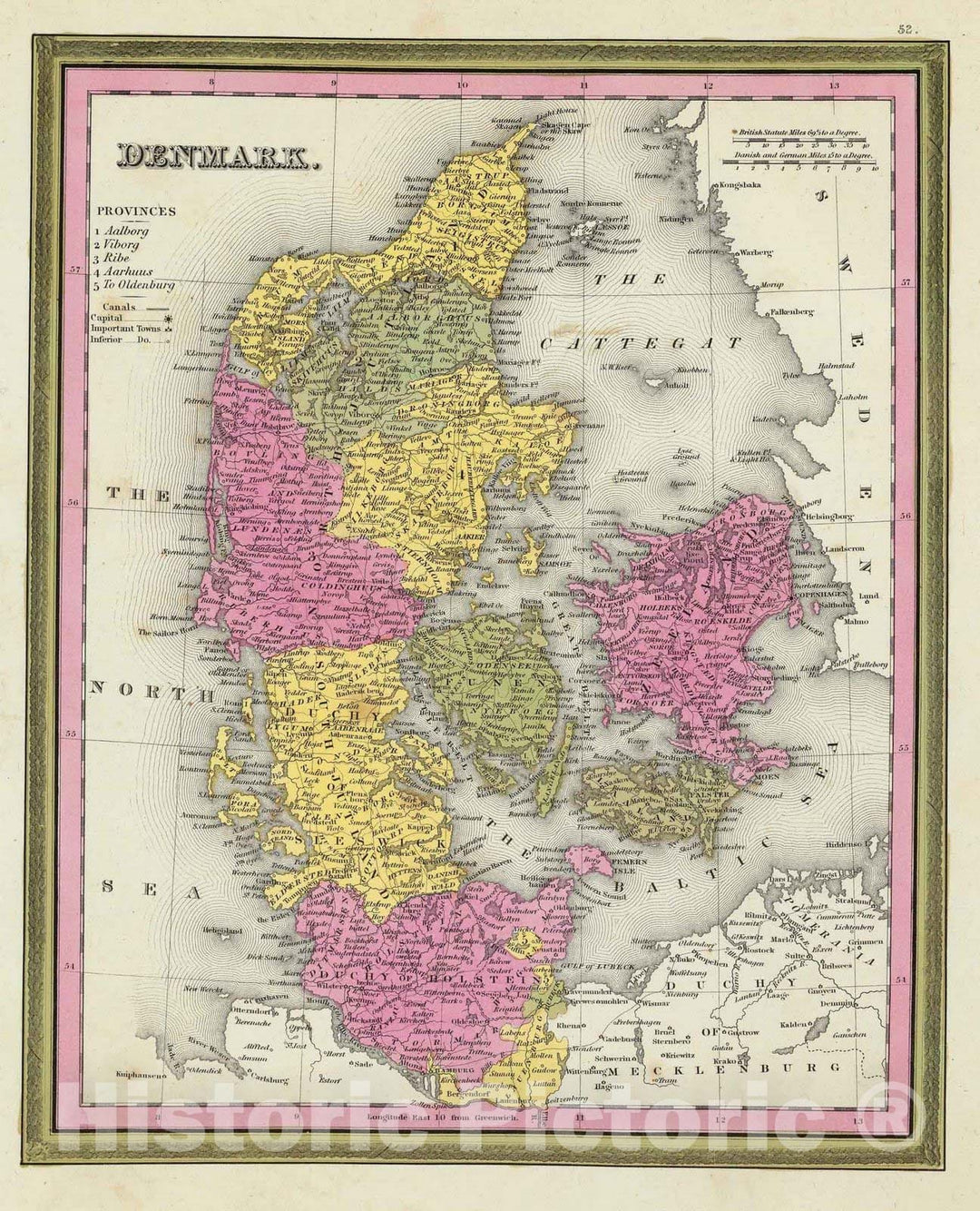 Historic Map : World Atlas Map, Denmark. 1846 - Vintage Wall Art