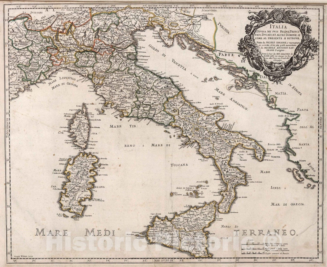 Historic Map : Italy, , EuropeItalia Divisa ne suoi Regni Principati, Ducati et altri Dominii si come al presente si Ritrova 1692 , Vintage Wall Art