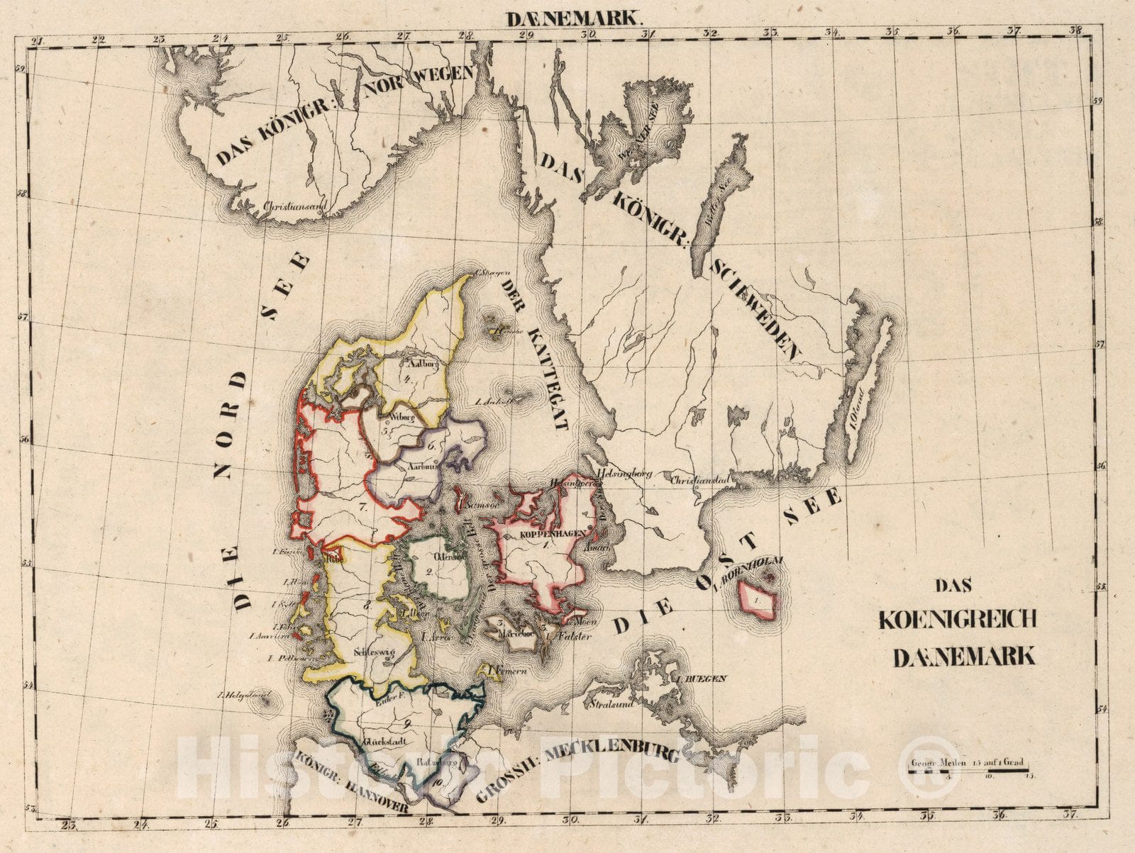 Historic Map : Denmark, V.1:1-5: V: II: Daenemark: Das Konigreich Daenemark 1825 , Vintage Wall Art