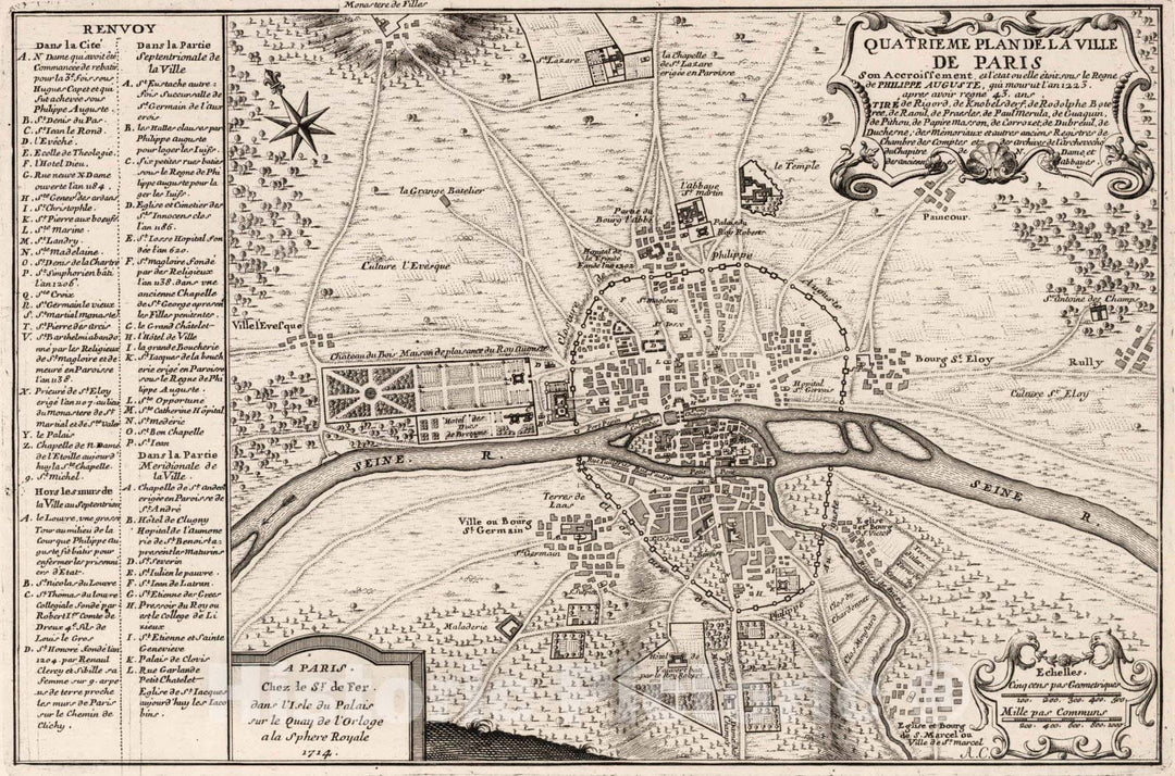 Historic Map : Paris , France,Quatrieme Plan de La Ville de Paris. 1714 , Vintage Wall Art