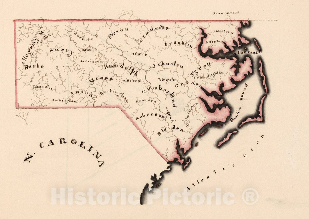 Historic Map : Manuscript Map, North Carolina 1819 - Vintage Wall Art