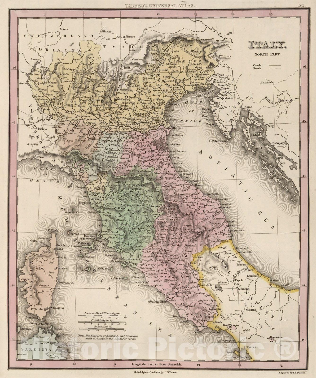 Historic Map : World Atlas Map, Italy (North Part). 1836 v2 Vintage Wall Art