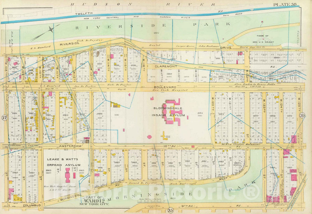 Historic Map : Manhattan Fire Insurance City Atlas Map, Pl. 38: ward 12. 1891 - Vintage Wall Art