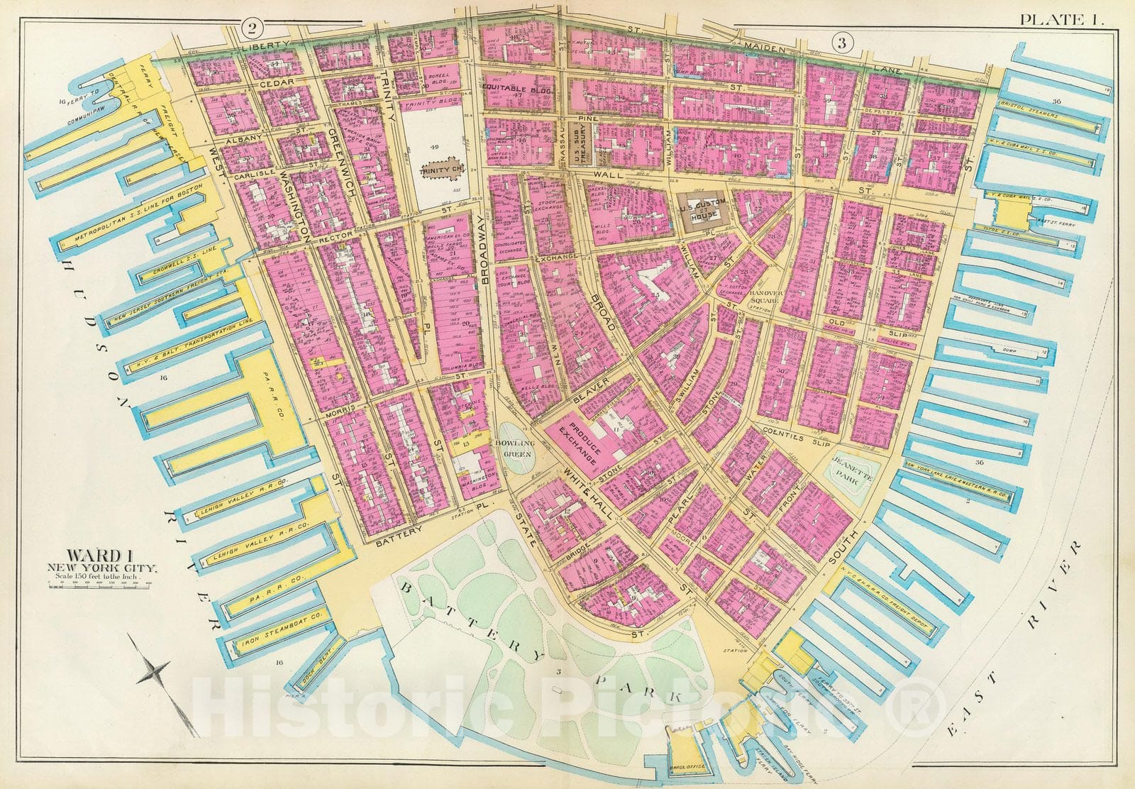 Historic Map : Manhattan Fire Insurance City Atlas Map, Pl. 1: ward 1. 1891 - Vintage Wall Art