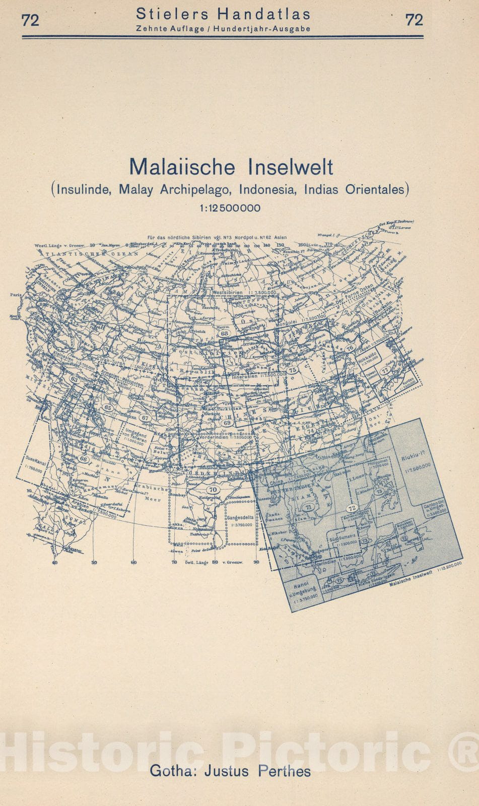 Historic Map : Index Map: 72. Malaiische Inselwelt. Malay Archipelago, Indonesia, 1925 - Vintage Wall Art