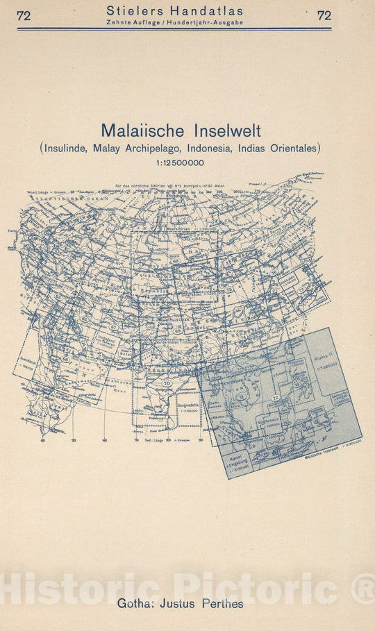 Historic Map : Index Map: 72. Malaiische Inselwelt. Malay Archipelago, Indonesia, 1925 - Vintage Wall Art