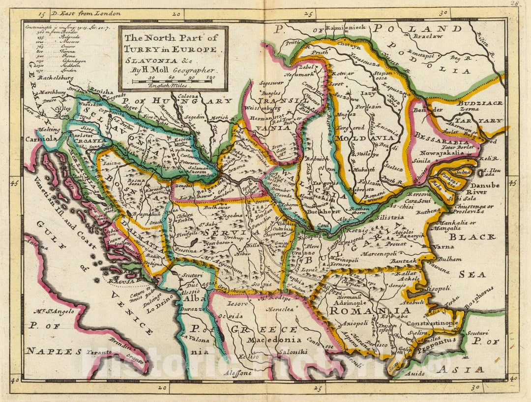 Historic Map : World Atlas Map, The north part of Turkey in Europe, Slavonia &c. 1736 - Vintage Wall Art