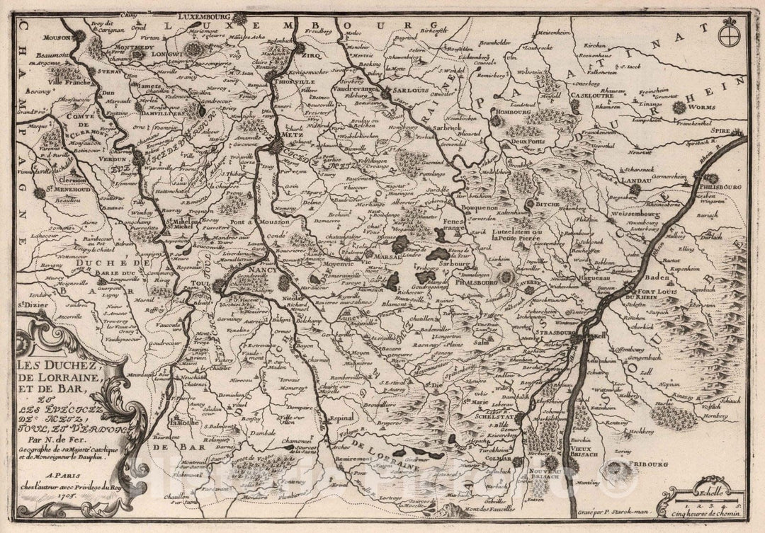 Historic Map : World Atlas Map, Les Duchez de Lorraine et de Bar, France. 1705 - Vintage Wall Art