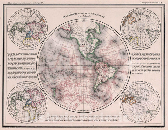 Historic Map : World Atlas Map, 7. Hemisphere du Nouveau Continent et ses Antipodes. 1834 - Vintage Wall Art