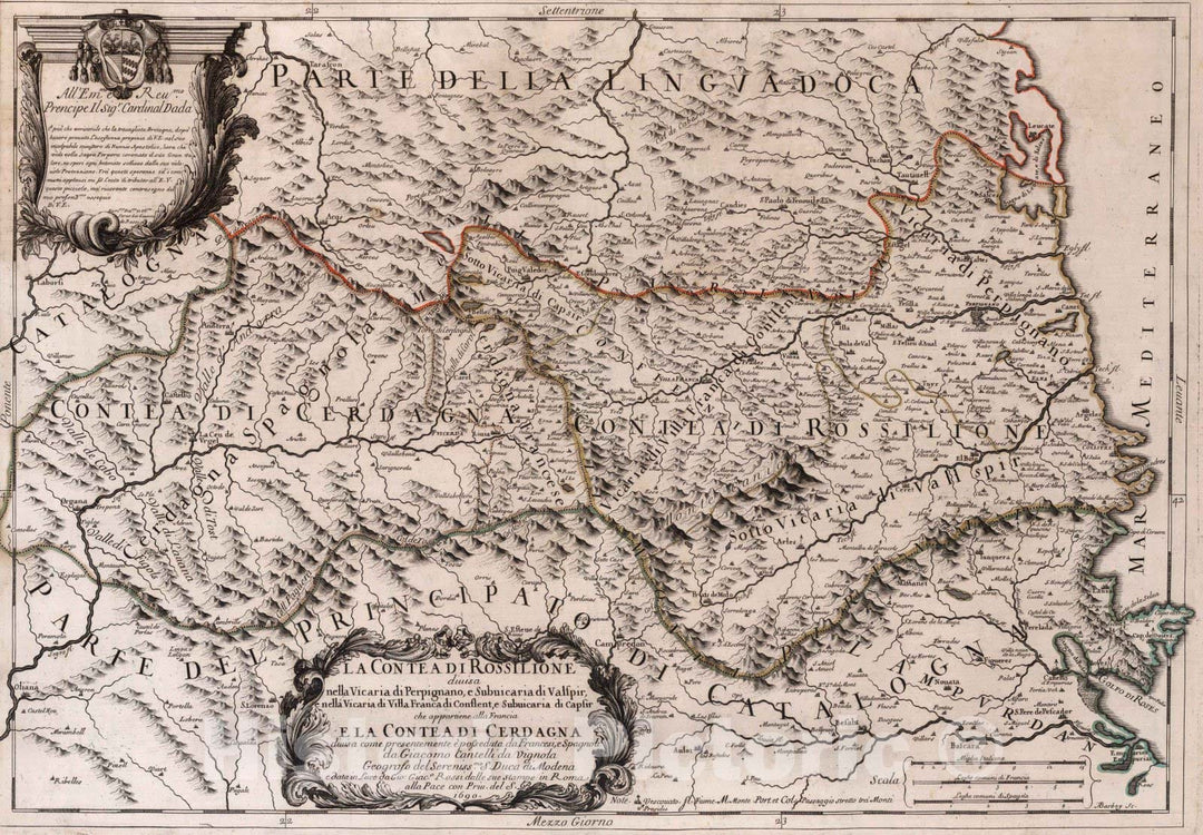 Historic Map : France, , EuropeLa contea di Rossilione 1690 , Vintage Wall Art