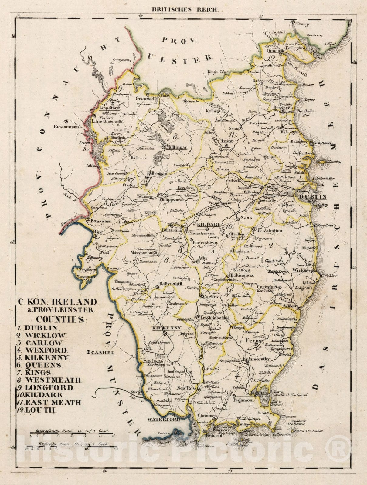 Historic Map : Ireland, V.3:11-15:XV. Britisches Reich. C. Kon: Ireland. a. Prov: Leinster. Counties: 1-12 1830 , Vintage Wall Art