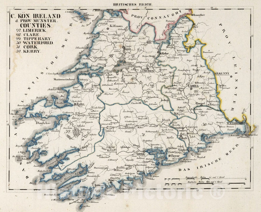 Historic Map : Ireland, V.3:11-15:XV. Britisches Reich. C. Kon: Ireland. d. Prov: Munster. Counties: 27-32 1830 , Vintage Wall Art