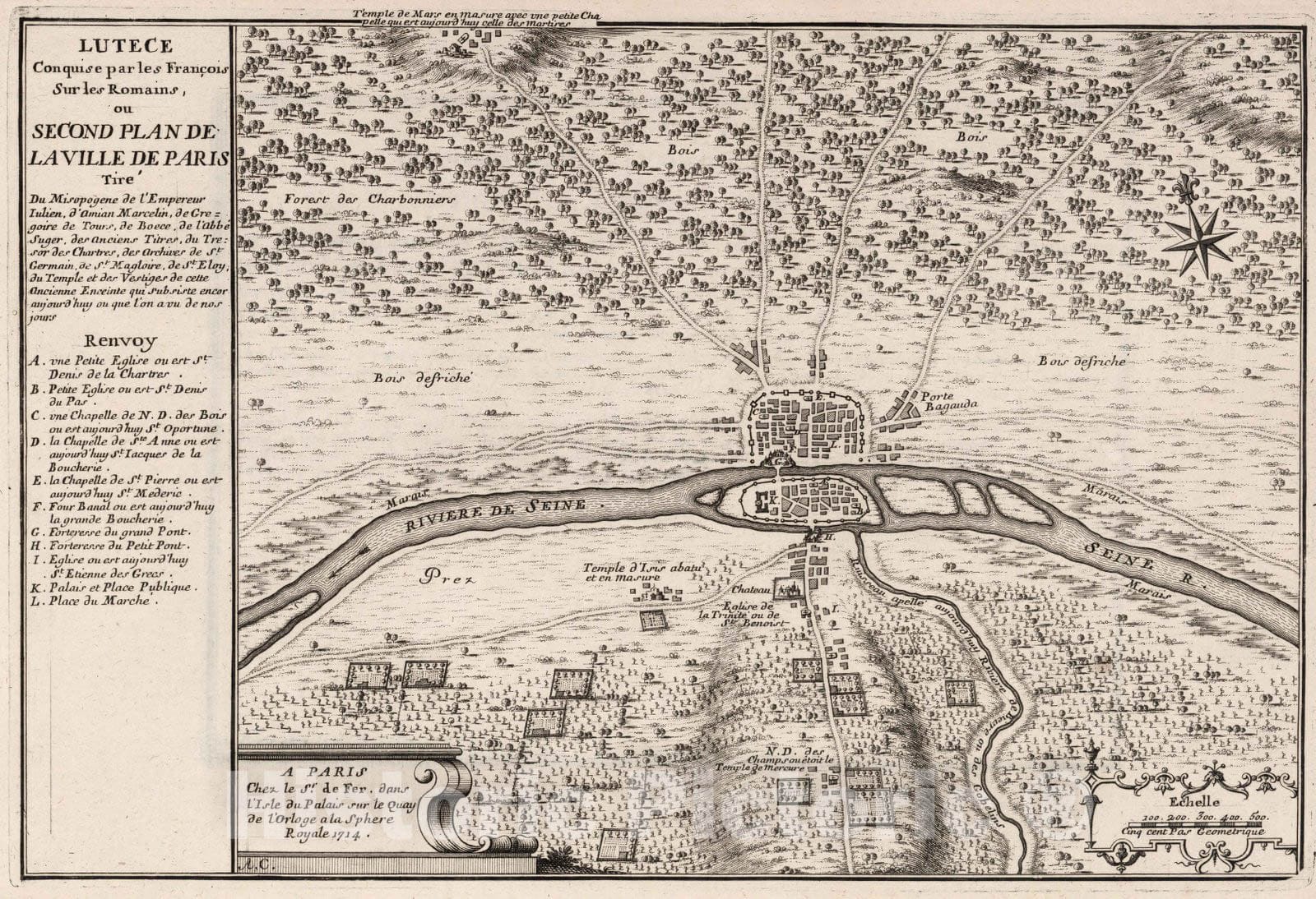 Historic Map : Paris , France,Second Plan de La Ville de Paris. 1714 , Vintage Wall Art