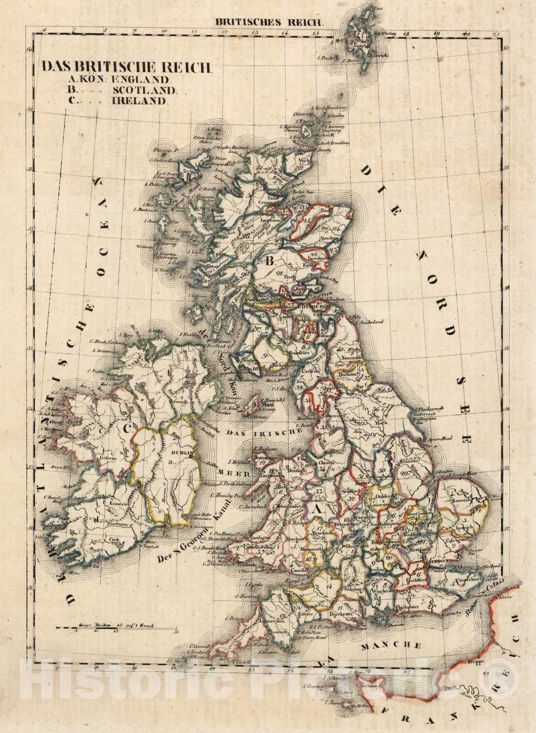 Historic Map : Great Britain, V.3:11-15:XV. Britisches Reich. A. Kon: England. B. Kon: Scotland. C. Kon: Ireland 1830 , Vintage Wall Art