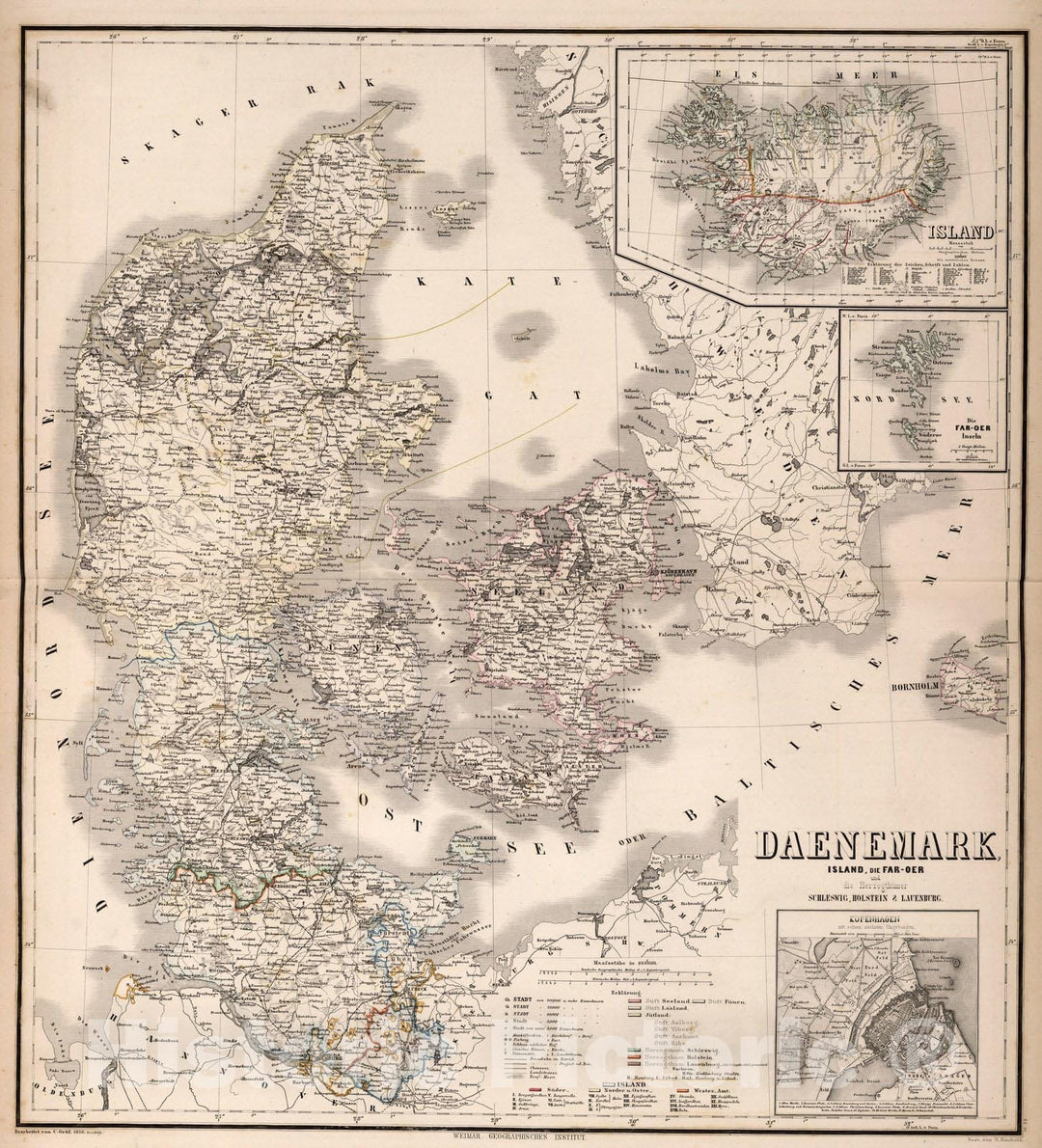 Historic Map : Denmark,Daenemark, Island, die Far-Oer 1866 , Vintage Wall Art