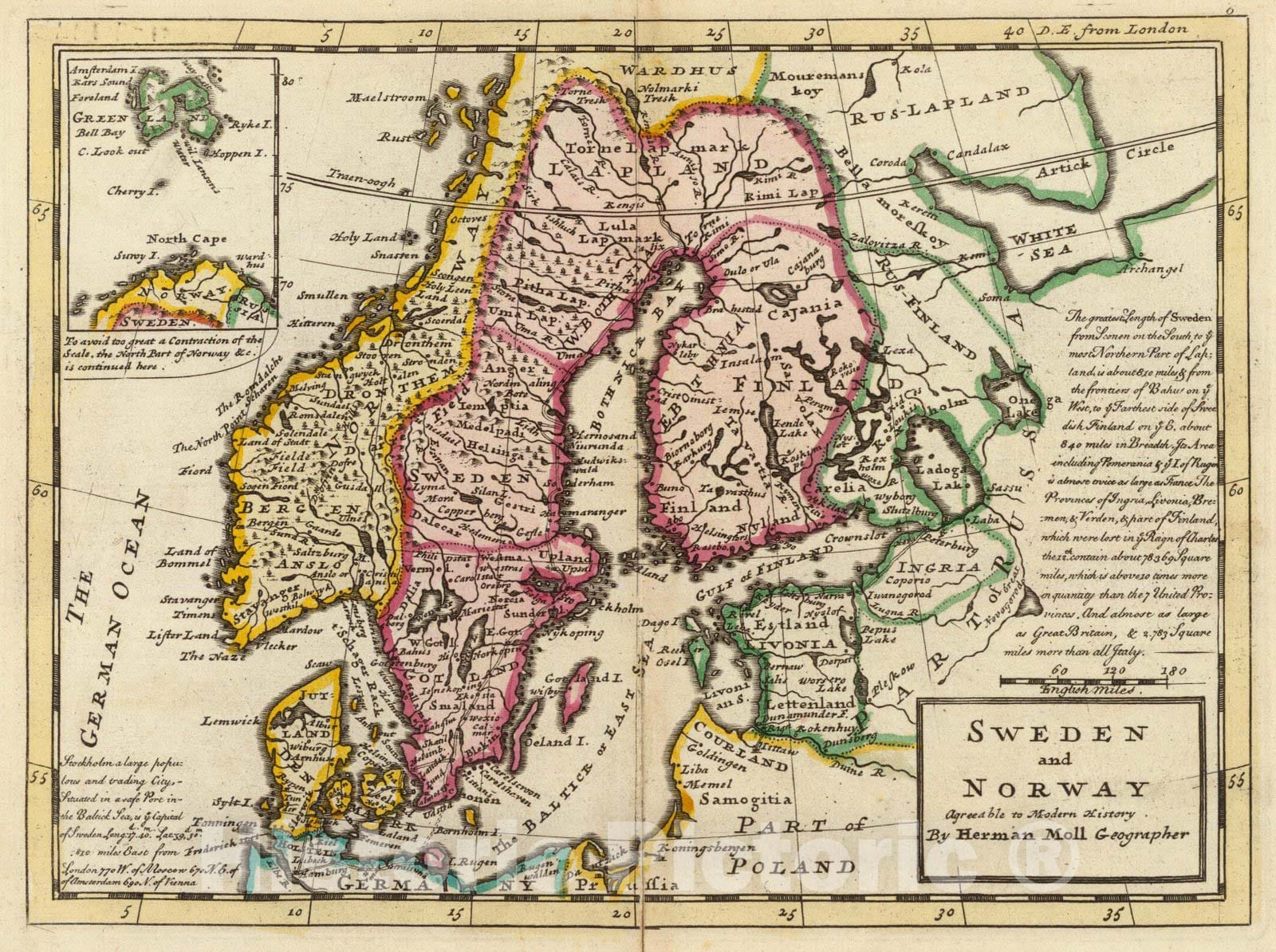 Historic Map : World Atlas Map, Sweden and Norway. 1736 - Vintage Wall Art