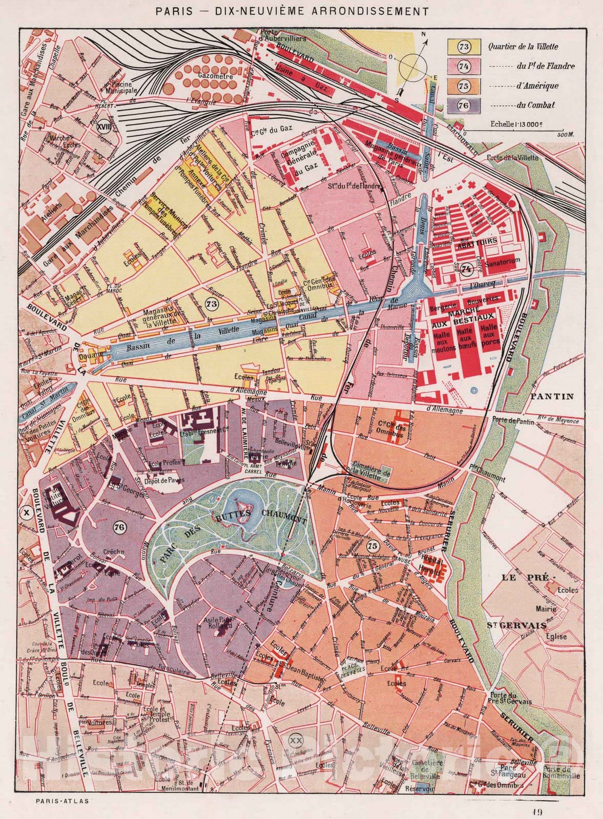 Historic Map : Paris , France, Paris (France), City Atlas Map, Paris - Dix-Neuvieme Arrondissement. 1900 , Vintage Wall Art