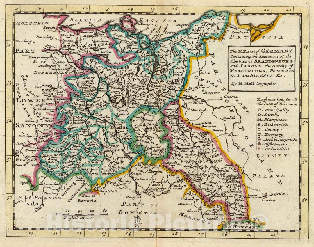 Historic Map : World Atlas Map, The N.E. part of Germany. 1736 - Vintage Wall Art