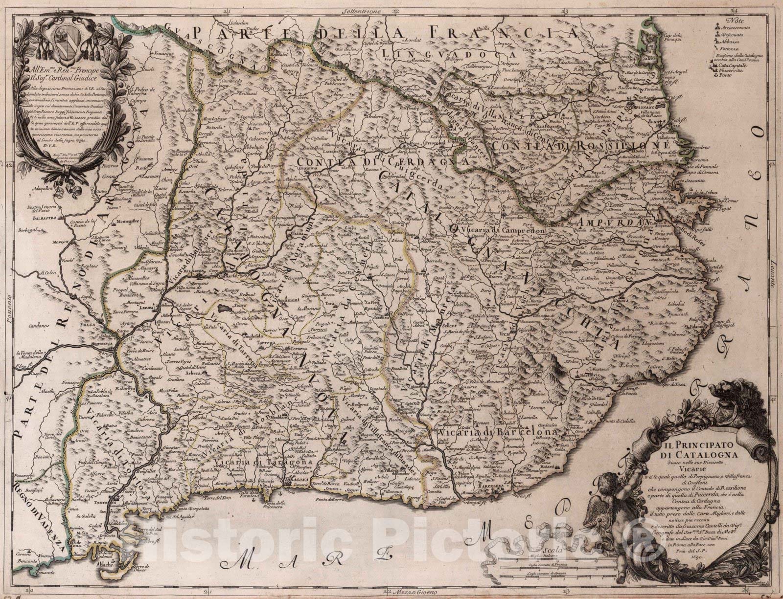 Historic Map : Spain, , EuropeIl Principato di Catalogna 1690 , Vintage Wall Art