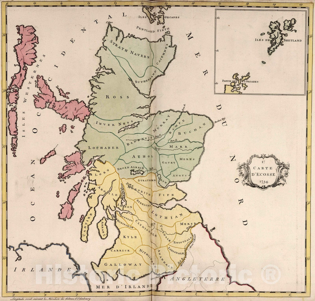 Historic Map : Scotland,1. Ecosse. 1754 , Vintage Wall Art